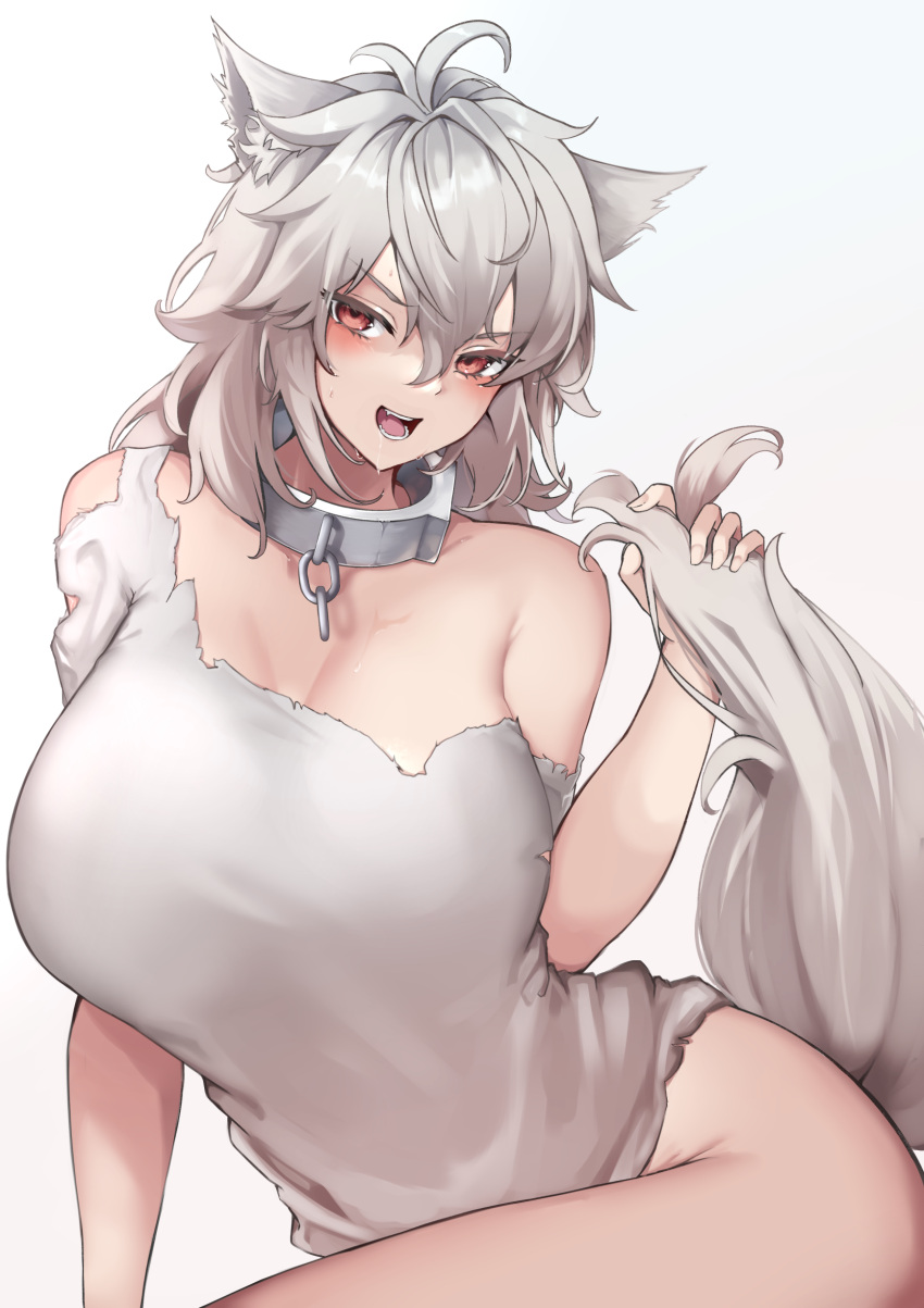 1girl absurdres animal_ears bangs bare_shoulders breasts cat_ears cat_girl cat_tail cowboy_shot dress highres huge_breasts looking_at_another masaki_nanaya original padlocked_collar red_eyes saliva short_hair sidelocks solo tail thighs torn_clothes transparent_background white_background white_dress white_hair