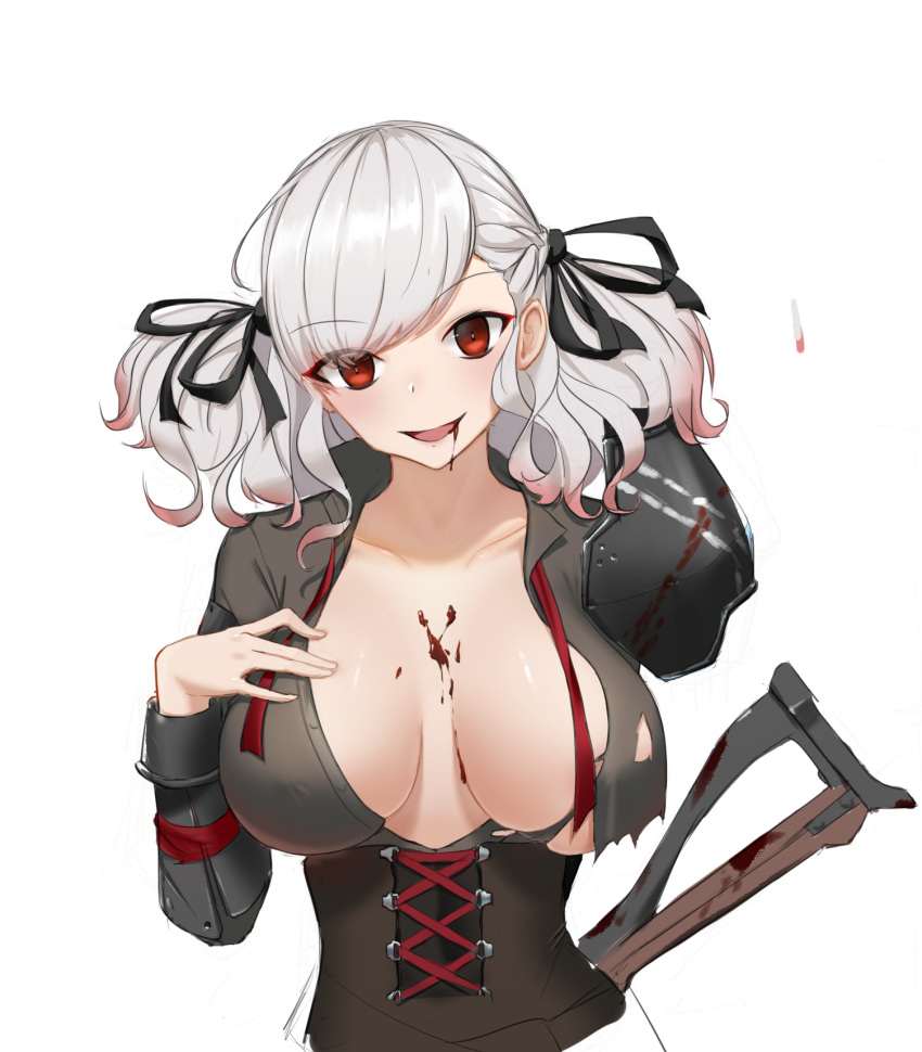 1girl anming black_ribbon blood blood_on_breasts blood_on_face blush breasts collarbone corset eyebrows_visible_through_hair gauntlets girls_frontline grey_shirt gun hair_ornament hair_ribbon highres large_breasts long_hair looking_at_viewer open_mouth red_eyes ribbon shirt shotgun silver_hair solo spas-12 spas-12_(girls'_frontline) torn_clothes upper_body weapon weapon_on_back white_background