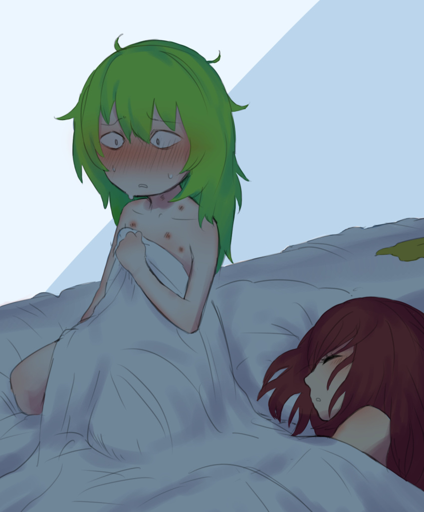 2girls bangs blush closed_eyes commentary_request constricted_pupils cookie_(touhou) daiyousei diyusi_(cookie) eyebrows_visible_through_hair flat_chest full_body gaburin green_hair hickey highres long_hair messy_hair multiple_girls nose_blush on_bed onozuka_komachi open_mouth redhead ruined_for_marriage shishou_(cookie) sitting sitting_on_bed sleeping touhou under_covers yuri