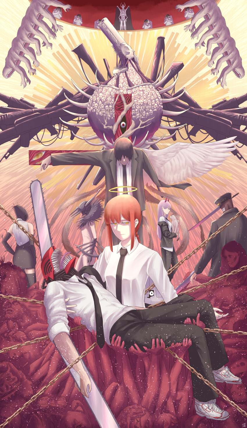 3boys 4girls absurdres angel_wings animal arm_blade bangs black_choker black_hair black_neckwear black_pants bomb braid braided_ponytail breasts business_suit cat chainsaw chainsaw_man choker closed_mouth collared_shirt crosshair_pupils darkness_devil demon demon_boy demon_girl extra_arms feathered_wings formal grenade_pin gun_devil_(chainsaw_man) halo hayakawa_aki_(chainsaw_man) high-waist_pants highres horns huge_filesize hybrid katana_man_(chainsawman) light_smile long_arms makima_(chainsaw_man) monster multiple_boys multiple_girls multiple_hands multiple_heads necktie neckwear no_eyes office_lady own_hands_together pants power_(chainsaw_man) quanxi_(chainsaw_man) red_horns redhead reze_(chainsaw_man) ringed_eyes shao_(newton) shirt shirt_tucked_in short_hair skeleton skull suit transformation weapon white_horns white_shirt white_wings wings yellow_eyes