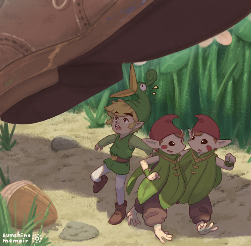 1boy acorn androgynous blonde_hair boots brown_hair brown_pants ezlo facial_mark grass green_tunic highres khiuly link minish pants pebble red_headwear sidelocks size_difference surprised the_legend_of_zelda the_legend_of_zelda:_the_minish_cap white_legwear