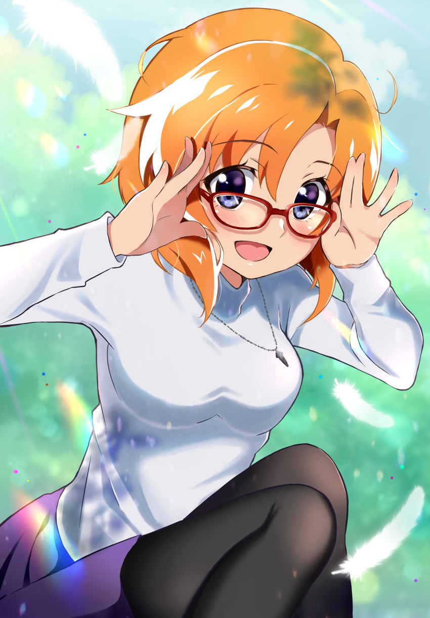 1girl :d bangs bespectacled black_legwear blue_eyes blurry blurry_background blush breasts commentary_request day eyebrows_visible_through_hair falling_feathers feathers feet_up glasses hair_between_eyes hands_up happy highres higurashi_no_naku_koro_ni jewelry long_sleeves looking_at_viewer mashimaro_tabetai medium_breasts medium_hair necklace open_mouth orange_hair pantyhose purple_skirt red-framed_eyewear ryuuguu_rena shiny shiny_hair shirt sitting skirt smile solo turtleneck turtleneck_sweater white_feathers white_shirt