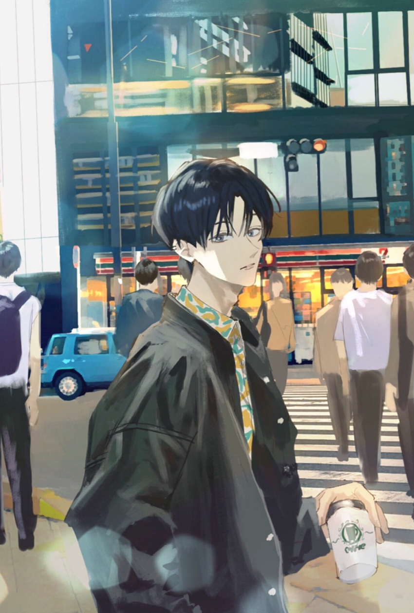 1boy air_(airzzz_) backpack bag bangs black_bag black_coat black_hair building car coat crosswalk day ground_vehicle highres holding lens_flare motor_vehicle original outdoors print_shirt shirt short_hair solo_focus standing traffic_light upper_body white_shirt