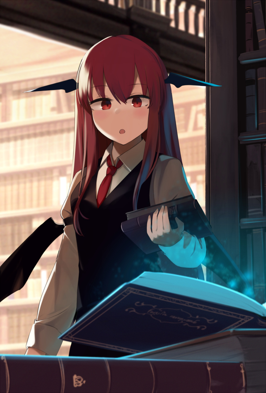 1girl :o absurdres bangs bat_wings black_vest blush book bookshelf breasts commentary_request eyebrows_visible_through_hair glowing hair_between_eyes head_wings highres hinami047 holding holding_book indoors koakuma library long_hair long_sleeves looking_at_object medium_breasts necktie open_book open_mouth railing red_eyes red_neckwear redhead sidelocks solo touhou vest wing_collar wings