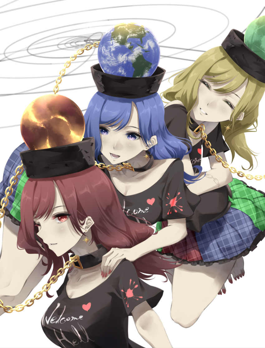 3girls absurdres bangs bare_shoulders blonde_hair blue_eyes blue_hair chain choker closed_mouth earrings earth_(ornament) eyebrows_visible_through_hair gold_chain hecatia_lapislazuli hecatia_lapislazuli_(earth) hecatia_lapislazuli_(moon) highres jewelry looking_at_another looking_at_viewer medium_hair moon_(ornament) multiple_girls off_shoulder open_mouth otomeza_ryuseigun polos_crown red_eyes redhead shirt short_sleeves simple_background smile t-shirt touhou white_background yellow_eyes