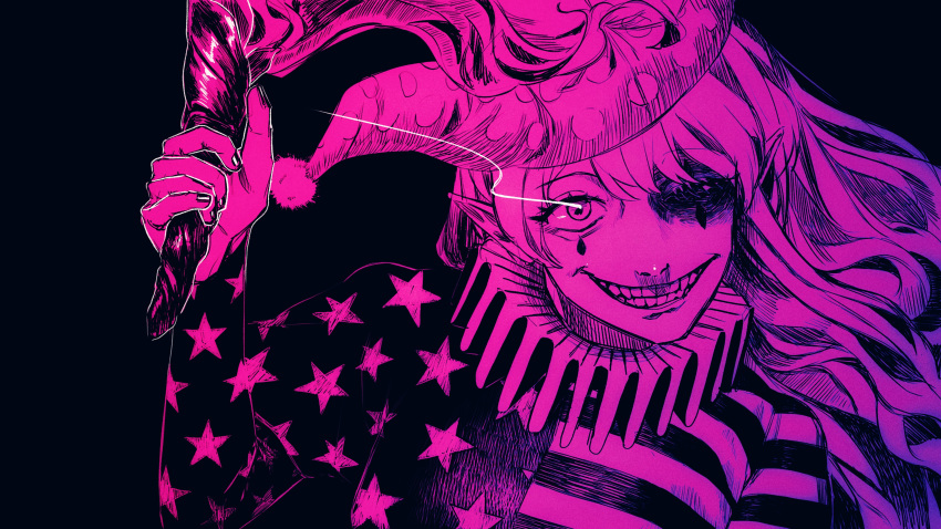 1girl absurdres american_flag_dress bangs black_background clownpiece commentary_request crazy_smile cropped_torso eyebrows_visible_through_hair fire frilled_sleeves frills hair_between_eyes hat heshiko_disco highres holding holding_torch horror_(theme) jester_cap long_hair long_sleeves looking_at_viewer neck_ruff one_eye_closed open_mouth pointy_ears polka_dot simple_background smile solo torch touhou