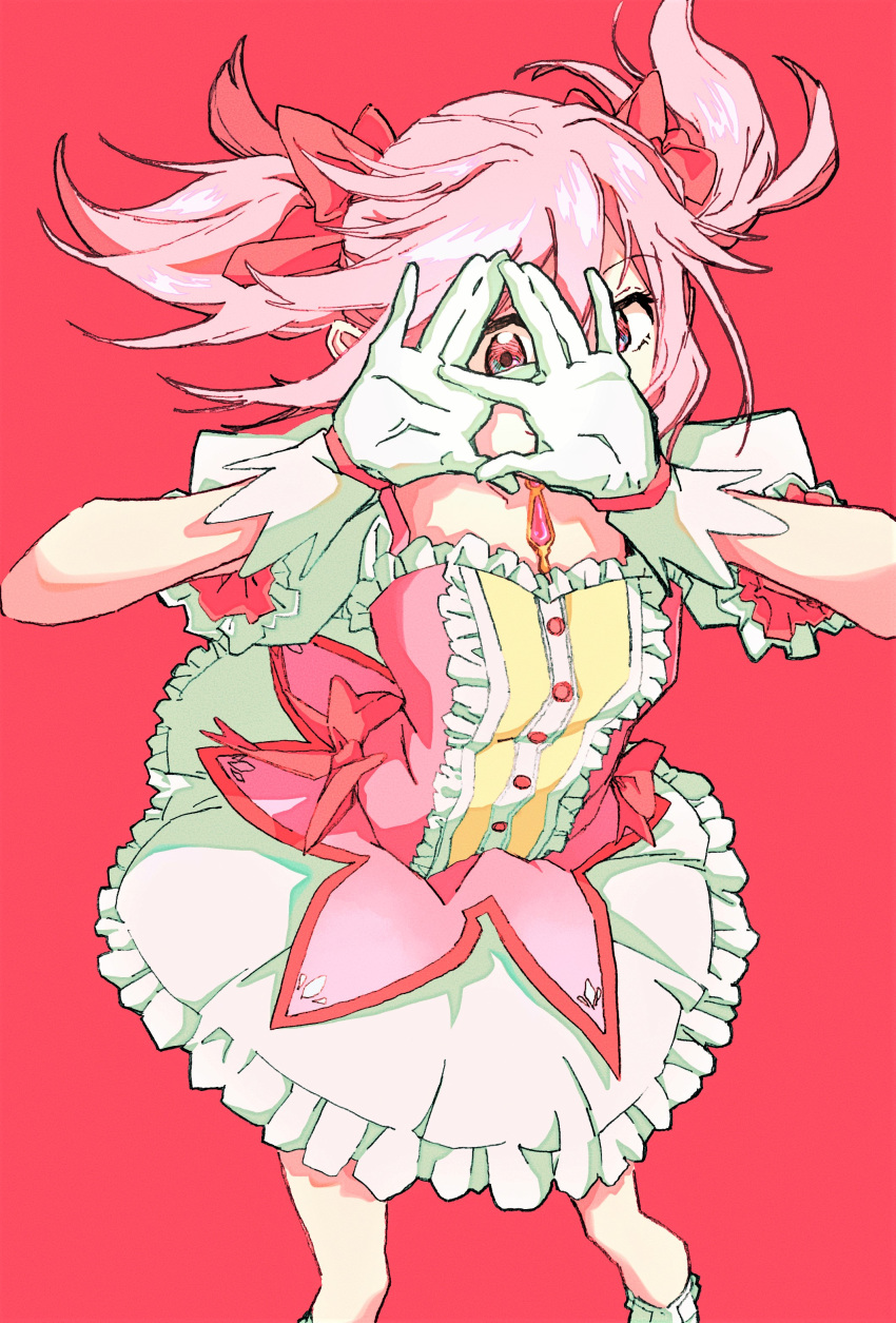1girl absurdres bloom_into_me15 bow bubble_skirt covering_mouth dress duplicate frilled_dress frills gloves hair_between_eyes hair_bow highres kaname_madoka looking_at_viewer magical_girl mahou_shoujo_madoka_magica peeking_through_fingers pink_background pink_bow pink_dress pink_eyes pink_hair pink_theme pixel-perfect_duplicate puffy_short_sleeves puffy_sleeves red_background ribbon short_sleeves short_twintails simple_background skirt solo soul_gem twintails white_gloves white_skirt