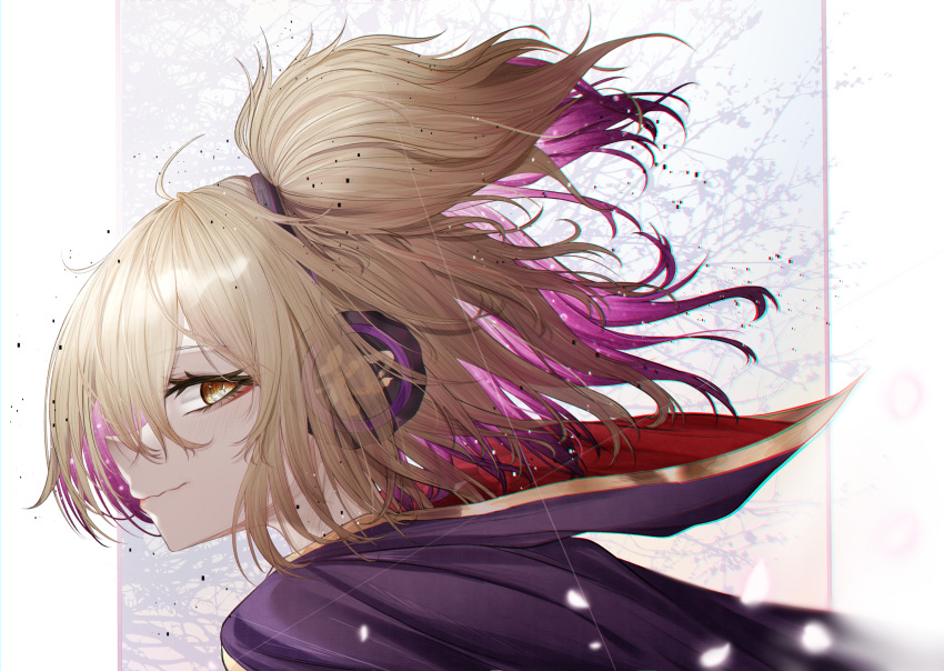 1girl ahoge bangs bright_pupils brown_eyes brown_hair cape closed_mouth commentary_request diudada earmuffs eyebrows_visible_through_hair floral_background from_side glowing_petals gold_trim grey_background hair_between_eyes highres hito_komoru_(style) looking_at_viewer pointy_hair profile purple_cape short_hair sideways_glance simple_background solo touhou toyosatomimi_no_miko tsune_(tune)_(style) upper_body wavy_mouth white_pupils