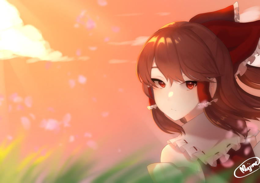 1girl :/ bangs bare_shoulders blurry blurry_background blurry_foreground bow brown_hair closed_mouth clouds commentary_request detached_sleeves expressionless eyebrows_behind_hair frilled_bow frilled_hair_tubes frilled_shirt_collar frills hair_between_eyes hair_tubes hakurei_reimu highres long_hair looking_at_viewer looking_back majime_joe outdoors petals red_bow red_eyes red_vest sidelocks solo touhou twilight vest