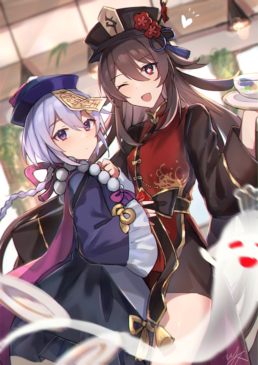 2girls absurdres bangs bead_necklace beads black_headwear blue_dress blue_headwear blush braid braided_ponytail breasts brown_hair china_dress chinese_clothes coin_hair_ornament dress flower genshin_impact ghost hat hat_flower highres hitomin_(ksws7544) hu_tao_(genshin_impact) huge_filesize jewelry jiangshi long_hair long_sleeves looking_at_viewer multiple_girls necklace ofuda open_mouth plum_blossoms purple_hair qing_guanmao qiqi_(genshin_impact) red_dress red_eyes small_breasts smile symbol-shaped_pupils thigh-highs thighs twintails very_long_hair violet_eyes white_legwear