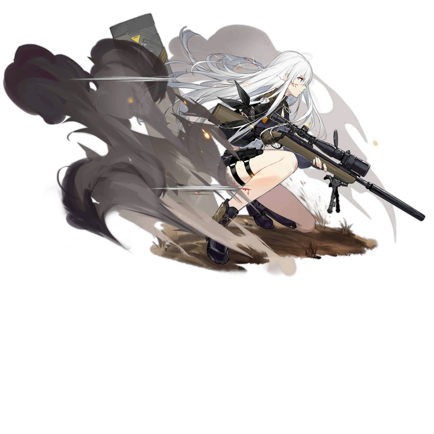 1girl bandana_around_thighs black_footwear blood blood_on_face blue_eyes boots brown_gloves closed_mouth eyebrows_visible_through_hair fingerless_gloves floor girls_frontline gloves gun highres holding holding_weapon holster long_hair looking_away mod3_(girls'_frontline) official_alternate_costume official_art rifle shi-chen silver_hair sitting smoke sniper_rifle solo thighs transparent_background weapon xm3_(girls'_frontline)