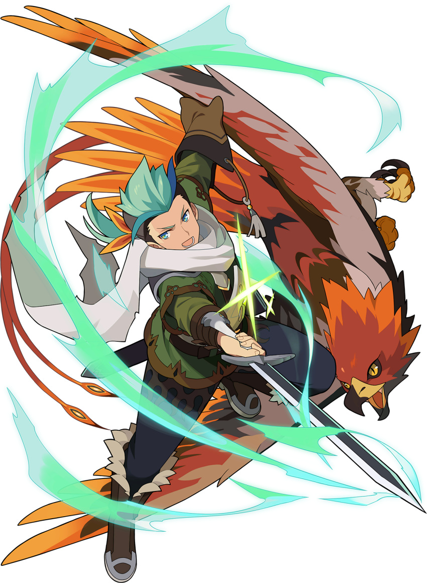 1boy animal aqua_hair armor arms_up artist_request aura belt bird blue_eyes blue_hair blue_pants boots brown_gloves brown_hair brown_sclera claws colored_sclera falcon flying forehead full_body fur-trimmed_footwear gloves green_shirt hair_ribbon highres holding holding_sword holding_weapon jumping kaiser_(world_flipper) knee_boots layered_sleeves leg_up lemarque_(world_flipper) long_sleeves looking_at_viewer male_focus multicolored_hair non-web_source official_art open_mouth orange_ribbon outstretched_arms oversized_animal pants ponytail ribbon scarf sheath shirt short_hair short_over_long_sleeves short_sleeves shoulder_armor single_glove slit_pupils spread_arms streaked_hair sword tied_hair torn_scarf transparent_background v-shaped_eyebrows weapon white_scarf world_flipper yellow_eyes