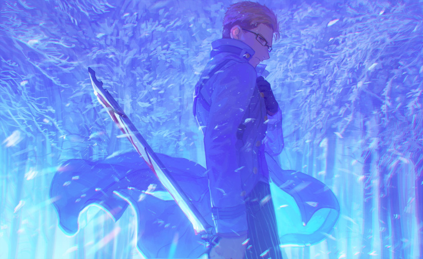 1boy belt blood blood_on_weapon blue_eyes brown_hair forest glasses highres holding holding_weapon julius_will_kresnik looking_at_viewer male_focus meipu_hm nature snow solo sword tales_of_(series) tales_of_xillia tales_of_xillia_2 weapon wind wind_lift