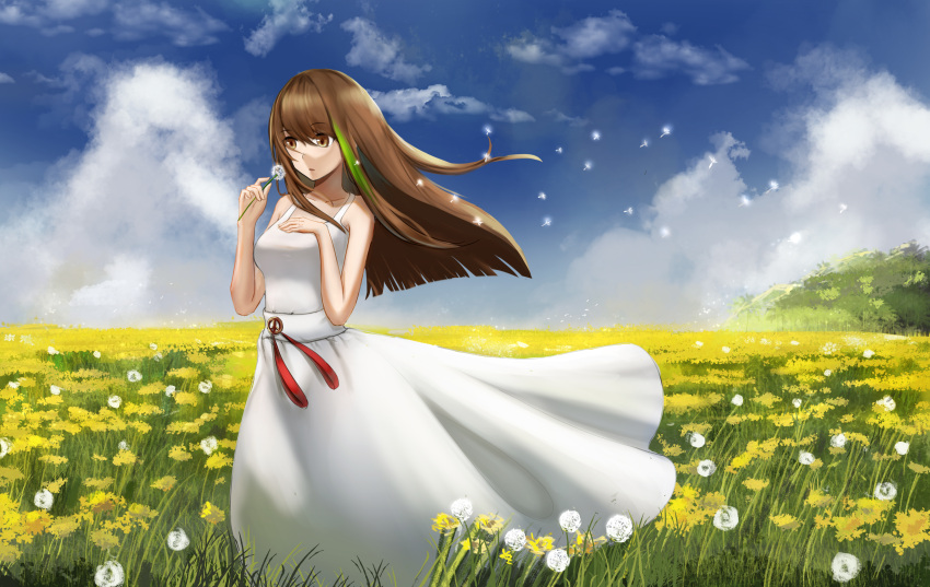 1girl absurdres anming breasts brown_eyes brown_hair clouds cloudy_sky collarbone dress eyebrows_visible_through_hair flower girls_frontline highres holding holding_flower long_hair looking_down m4a1_(girls'_frontline) medium_breasts multicolored_hair scenery sky solo standing white_dress