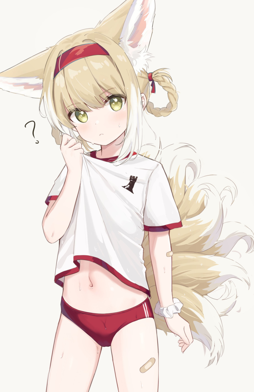 1girl ? absurdres animal_ear_fluff animal_ears arknights bandaid bandaid_on_arm bandaid_on_leg bangs blush buruma closed_mouth clothes_lift cowboy_shot eyebrows_visible_through_hair fox_ears fox_girl fox_tail green_eyes gym_shirt hair_rings hairband hawawa head_tilt highres lifted_by_self looking_at_viewer multiple_tails navel red_buruma red_hairband scrunchie shirt shirt_lift short_hair short_sleeves solo suzuran_(arknights) tail wiping_sweat wrist_scrunchie