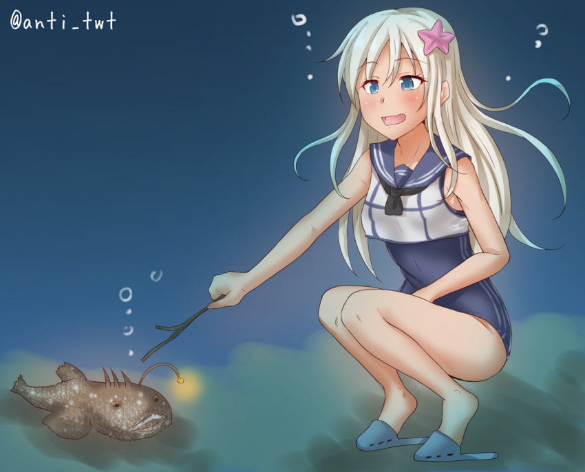 1girl angelfish anti_(untea9) black_neckwear blonde_hair blue_eyes blue_sailor_collar blue_swimsuit commentary_request crop_top fish flower full_body hair_flower hair_ornament kantai_collection long_hair neckerchief one-piece_tan poking ro-500_(kancolle) sailor_collar sandals school_swimsuit sleeveless squatting stick swimsuit swimsuit_under_clothes tan tanlines twitter_username underwater