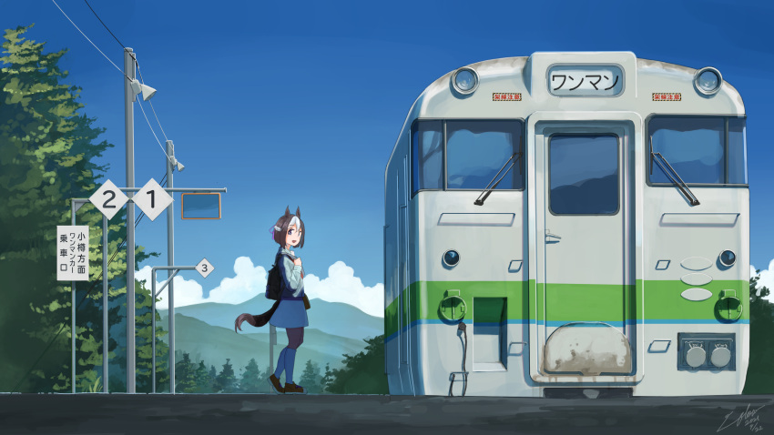 1girl absurdres animal_ears backpack bag black_hair braid clouds dated ground_vehicle hair_ribbon happy highres horse_ears horse_girl horse_tail jacket looking_at_viewer mountain multicolored_hair open_mouth outdoors power_lines ribbon rural shoes short_hair sign signature skirt sky smile sneakers special_week_(umamusume) tail train train_station train_station_platform tree umamusume utachy violet_eyes