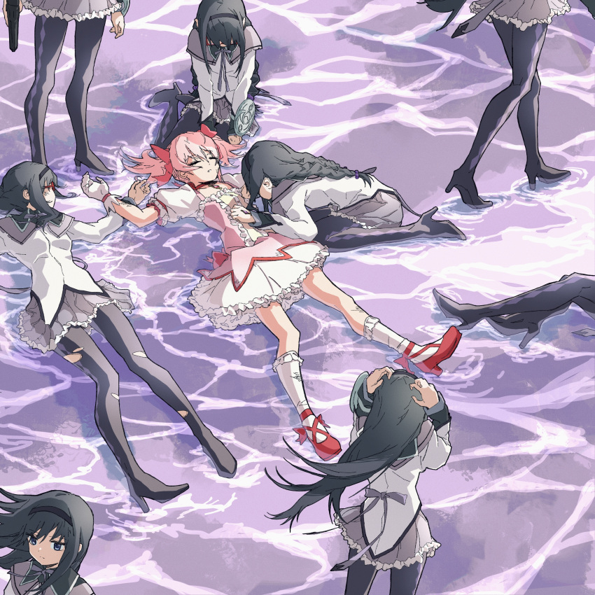 6+girls absurdres akemi_homura argyle argyle_legwear black_footwear black_hair black_legwear bloom_into_me15 bow braid choker glasses gloves hair_bow high_heels highres kaname_madoka kneehighs long_hair long_sleeves magical_girl mahou_shoujo_madoka_magica multiple_girls pantyhose pink_bow pink_hair puffy_short_sleeves puffy_sleeves purple_skirt red-framed_eyewear red_choker red_footwear shirt short_hair short_sleeves skirt soul_gem torn_clothes torn_legwear twin_braids violet_eyes white_gloves white_legwear white_shirt