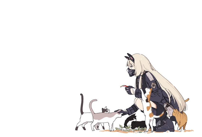 1girl animal_ears black_coat black_footwear black_gloves blonde_hair boots cat_ears cat_mask coat from_side girls_frontline gloves headpat huqu long_hair long_sleeves mask mouth_mask negative_space petting simple_background solo squatting white_background