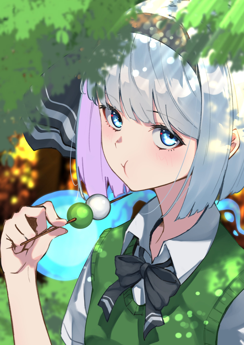 1girl absurdres aqua_eyes bangs black_bow black_hairband black_neckwear blue_eyes bow bowtie branch collared_shirt commentary_request dango eating eyebrows_visible_through_hair food green_skirt green_sweater_vest hair_between_eyes hair_bow hairband highres jnakamura1182 konpaku_youmu konpaku_youmu_(ghost) looking_at_viewer looking_to_the_side open_mouth shirt short_hair short_sleeves skirt solo standing touhou vest wagashi weapon white_shirt