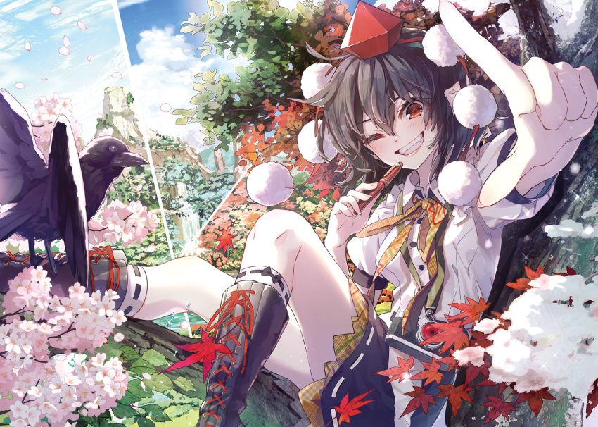 1girl bird black_footwear black_hair black_skirt boots camera cherry_blossoms commentary_request cross-laced_footwear crow day feet_out_of_frame grin hat highres holding holding_pen in_tree knees looking_at_viewer one_eye_closed outdoors outstretched_hand pen petals red_eyes red_headwear shameimaru_aya shirt short_hair short_sleeves sitting skirt smile solo syuri22 tokin_hat touhou tree white_shirt