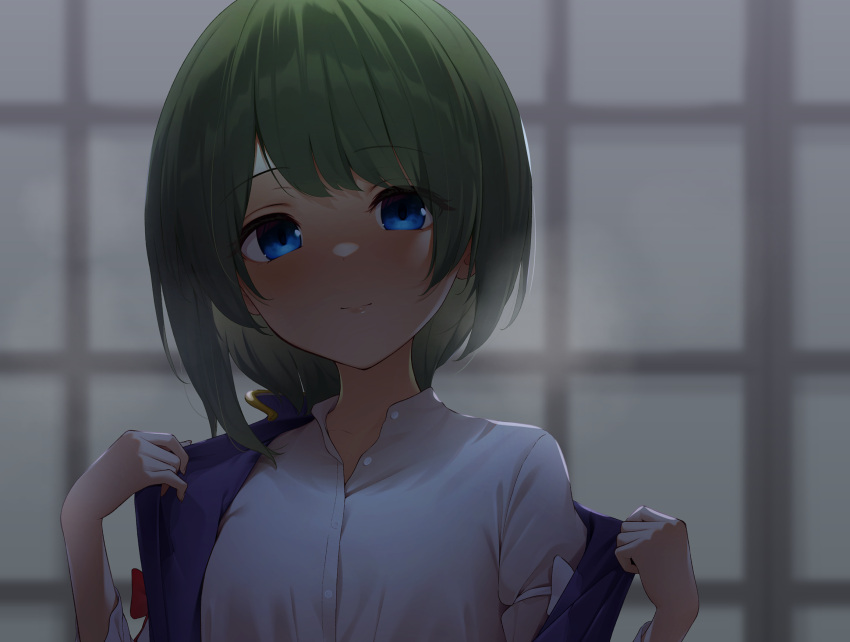 1girl asymmetrical_hair bangs black_skirt blue_eyes blue_vest blush breasts buttons closed_mouth commentary_request eyebrows_visible_through_hair eyes_visible_through_hair frills green_hair hair_between_eyes highres juliet_sleeves kanpa_(campagne_9) light_smile long_sleeves looking_at_viewer puffy_sleeves shiki_eiki shirt short_hair skirt small_breasts solo touhou undressing upper_body vest white_shirt wide_sleeves