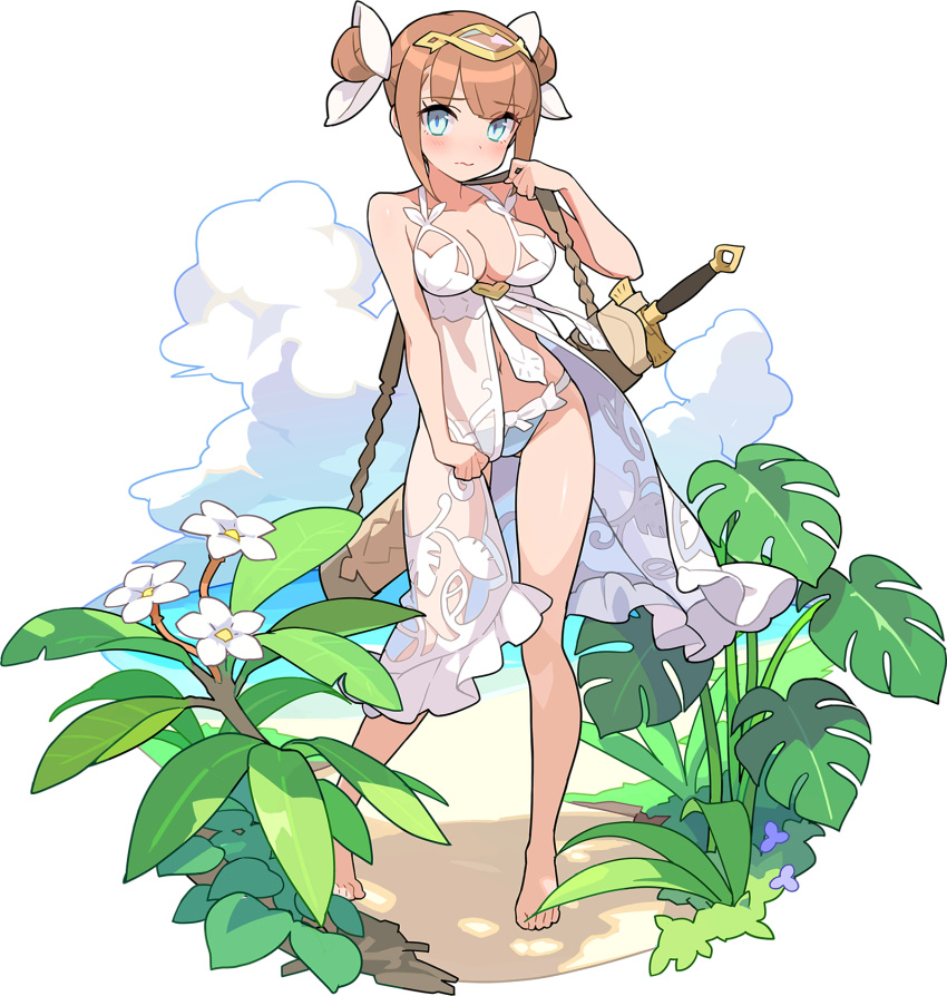 1girl artist_request babydoll bangs bare_shoulders barefoot beach bikini blue_eyes blunt_bangs blush breasts brown_hair bun_cover closed_mouth clouds collarbone day double_bun eyebrows_visible_through_hair fern flower full_body gem hand_up headpiece highres holding_strap lilith_(world_flipper) looking_at_viewer medium_breasts navel non-web_source ocean official_alternate_costume official_art outdoors sand see-through sheath sheathed shiny shiny_hair shiny_skin short_hair shy sidelocks skindentation solo stomach swimsuit tied_hair transparent_background water wavy_mouth weapon weapon_on_back white_bikini white_flower world_flipper