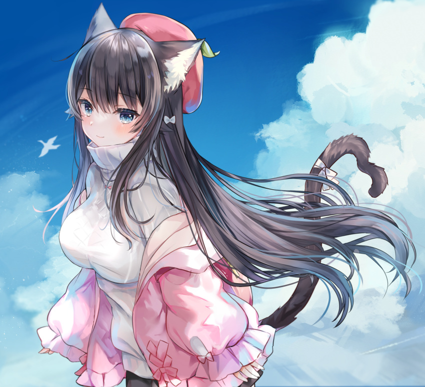 1girl animal_ears bangs black_legwear blue_sky bow casual cat_ears cat_girl cat_tail clouds cloudy_sky commentary_request eyebrows_visible_through_hair hair_between_eyes hair_bow hair_ribbon hat highres jacket long_hair long_sleeves looking_at_viewer off-shoulder_jacket off_shoulder original ribbon rukako sidelocks sky smile solo sweater sweater_jacket tail tail_bow tail_ornament tail_ribbon turtleneck turtleneck_sweater