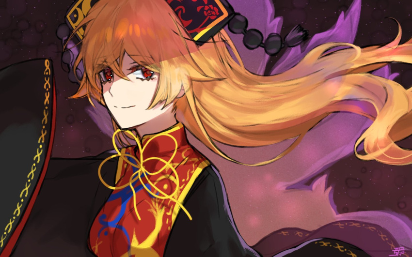 1girl artist_name bangs black_dress black_headwear bow bowtie chinese_clothes closed_mouth crescent dress energy eyebrows_visible_through_hair eyes_visible_through_hair hair_between_eyes hand_up hat junko_(touhou) long_hair long_sleeves looking_at_viewer orange_hair phoenix_crown pom_pom_(clothes) red_eyes red_vest shadow smile solo sp0i0ppp tabard touhou upper_body vest wide_sleeves yellow_bow yellow_neckwear