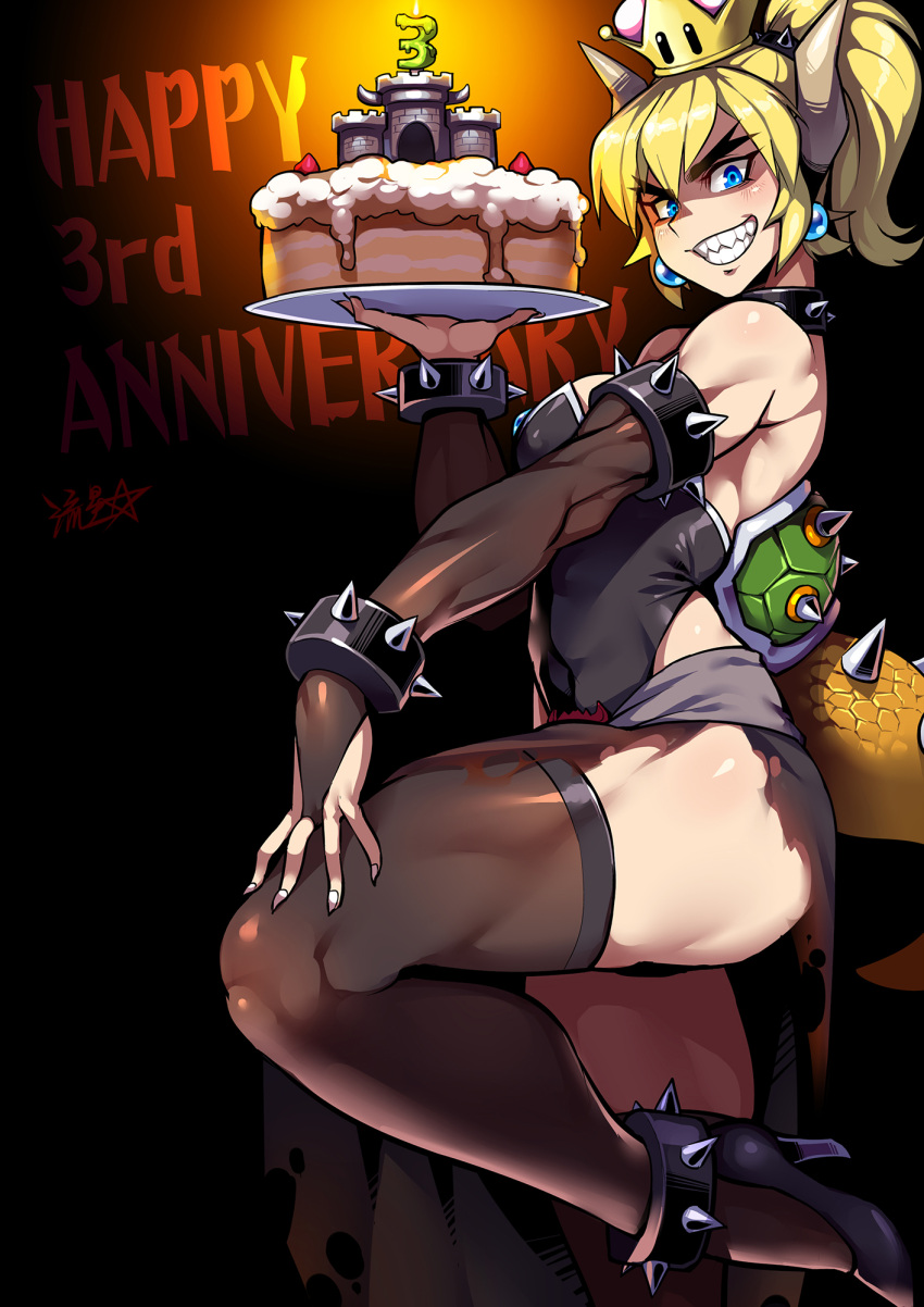 1girl anniversary bangs bare_shoulders black_footwear black_gloves black_leotard blonde_hair blue_eyes bowsette breasts bridal_gauntlets cake collar commentary crown earrings elbow_gloves english_commentary english_text food gloves grin hand_on_own_thigh high_heels highres holding horns jewelry large_breasts leotard looking_at_viewer monster_girl muscular muscular_female new_super_mario_bros._u_deluxe ponytail ryuusei_(mark_ii) sharp_teeth shoes short_hair simple_background smile solo spiked_collar spiked_shell spiked_tail spikes super_crown super_mario_bros. tail teeth thick_eyebrows thigh-highs turtle_shell