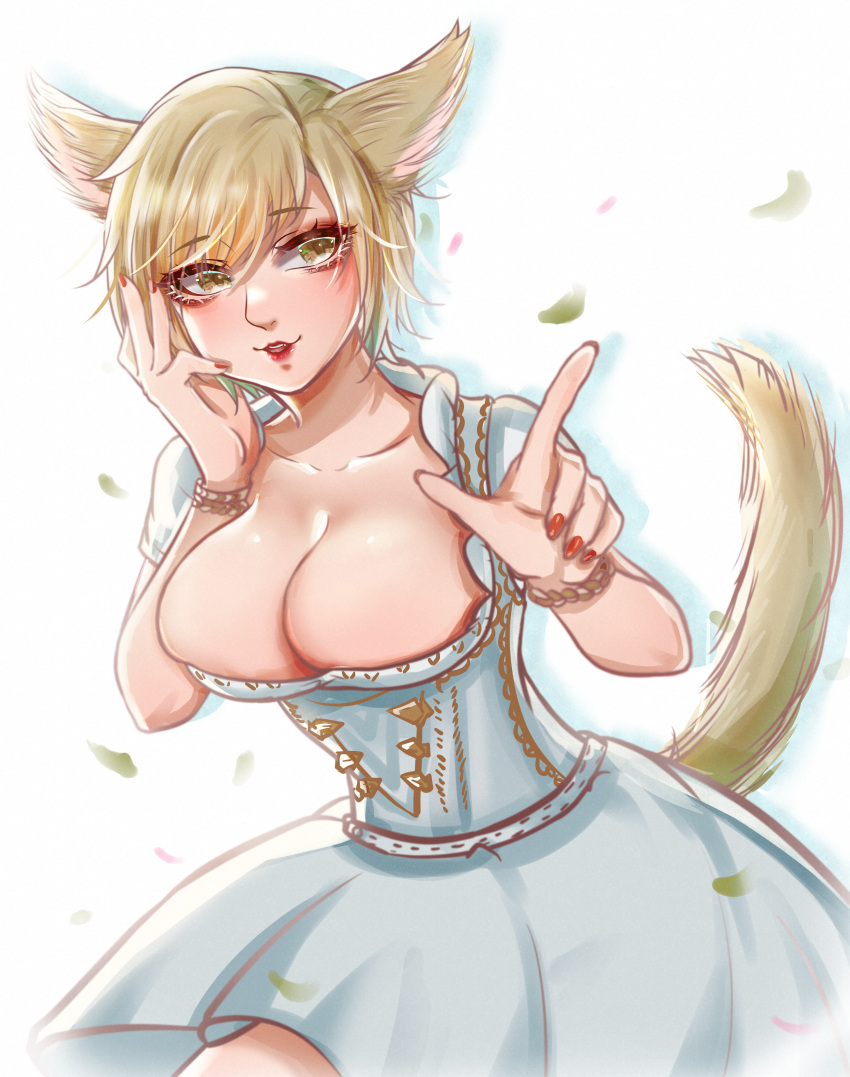 1girl absurdres akira-tama animal_ears bangs blonde_hair bracelet breasts cat_ears cat_tail eyebrows_visible_through_hair final_fantasy final_fantasy_xiv highres huge_filesize jewelry large_breasts looking_at_viewer miqo'te scoop_neck short_hair solo swept_bangs tail yellow_eyes