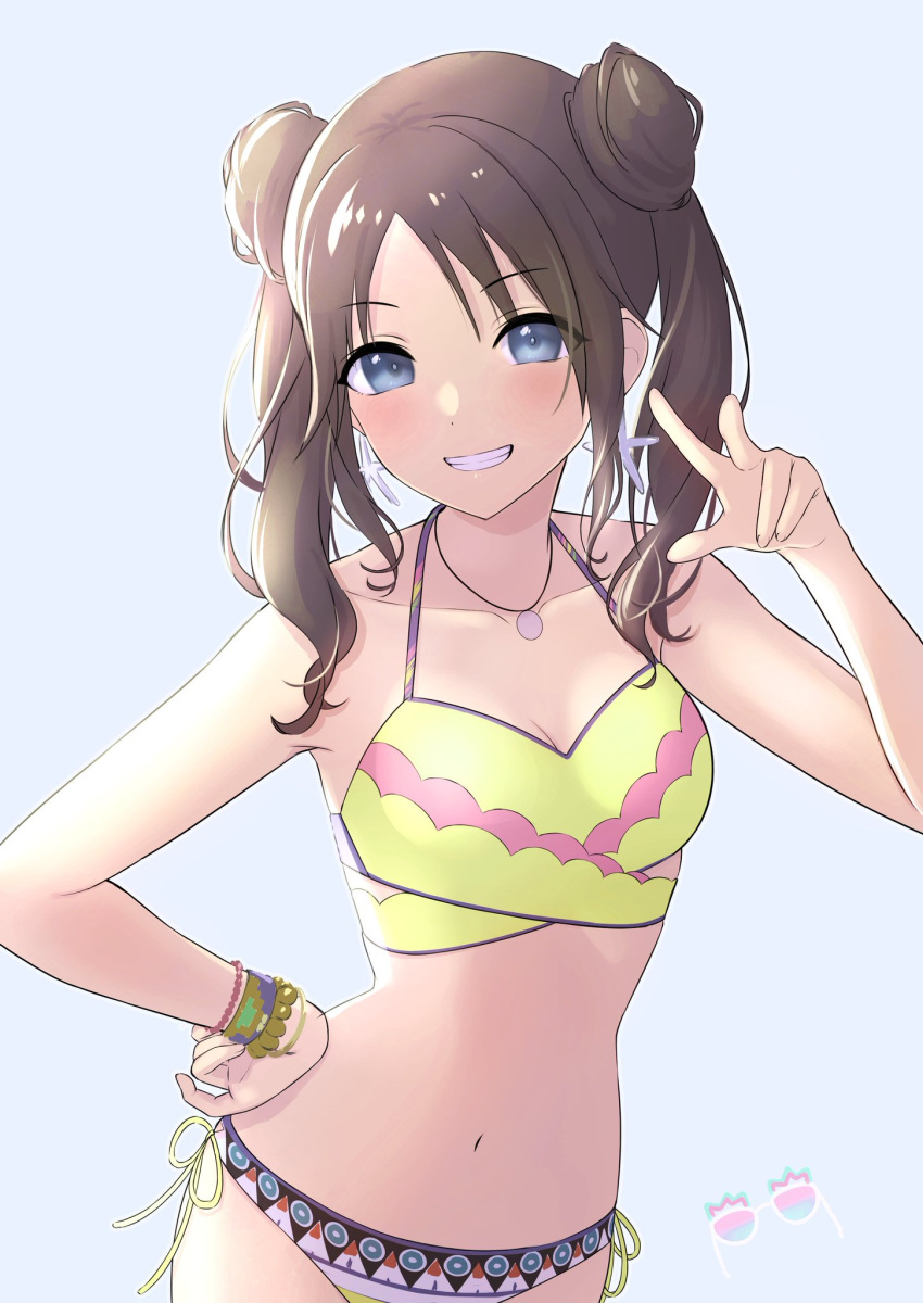 1girl bikini blue_eyes breasts brown_hair double_bun highres hoshina_hoshimi idolmaster idolmaster_shiny_colors looking_at_viewer mitsumine_yuika multicolored multicolored_clothes smile solo swimsuit twintails