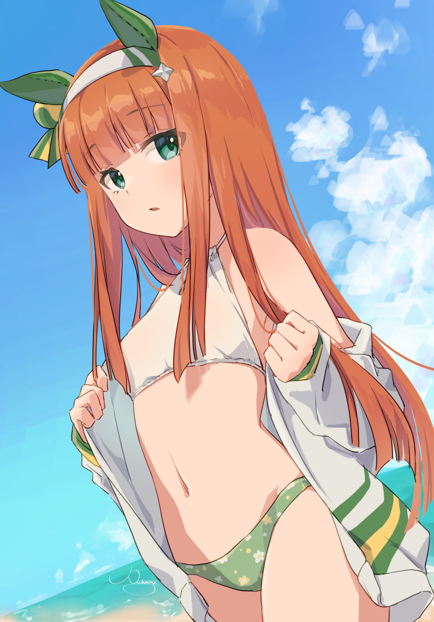 1girl animal_ears bangs bikini blunt_bangs clouds commentary_request cowboy_shot eyebrows_visible_through_hair floral_print green_eyes hair_ornament hairband halter_top halterneck highres horse_ears jacket long_hair looking_at_viewer looking_to_the_side mismatched_bikini navel nut_megu off_shoulder orange_hair outdoors parted_lips signature silence_suzuka_(umamusume) solo swimsuit umamusume water