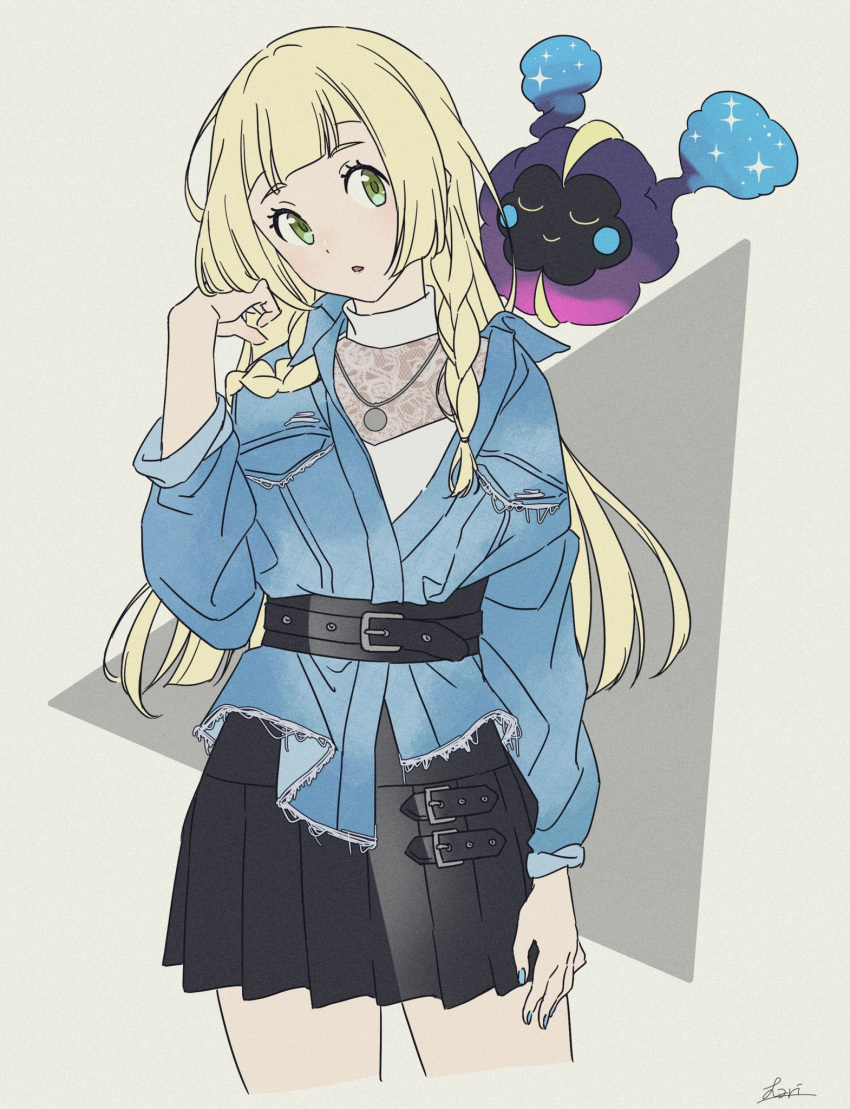 1girl belt black_belt black_skirt blonde_hair blue_jacket blue_nails braid commentary_request cosmog eyelashes green_eyes hand_up hari611 highres jacket jewelry legendary_pokemon lillie_(pokemon) long_hair nail_polish necklace older parted_lips pleated_skirt pokemon pokemon_(creature) pokemon_(game) pokemon_sm signature skirt twin_braids