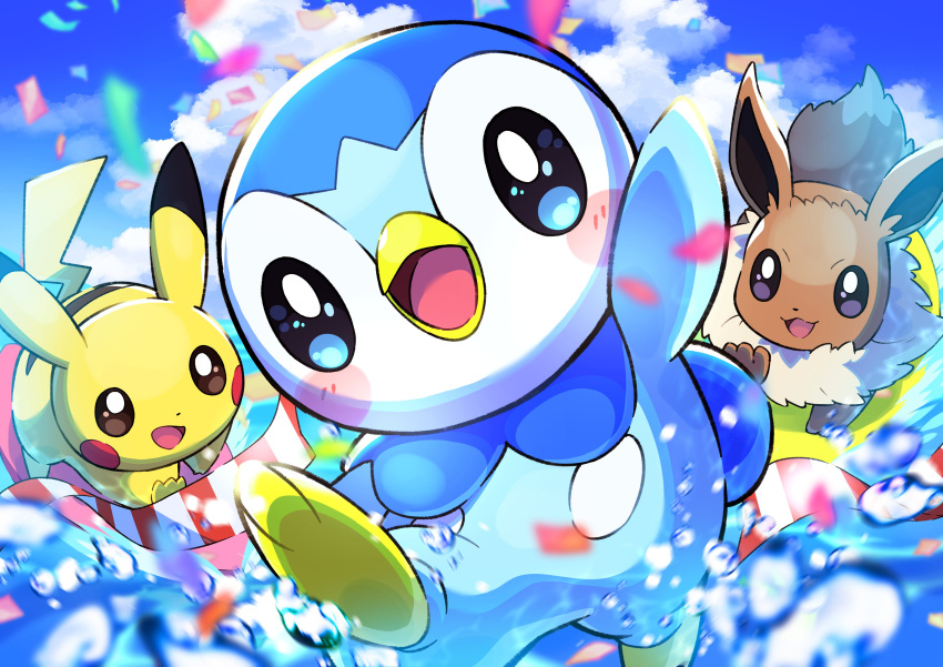 :d absurdres blurry blush_stickers clouds commentary_request confetti day eevee highres leg_up no_humans open_mouth outdoors pikachu piplup pokemon pokemon_(creature) pon_yui sky smile tongue water water_drop