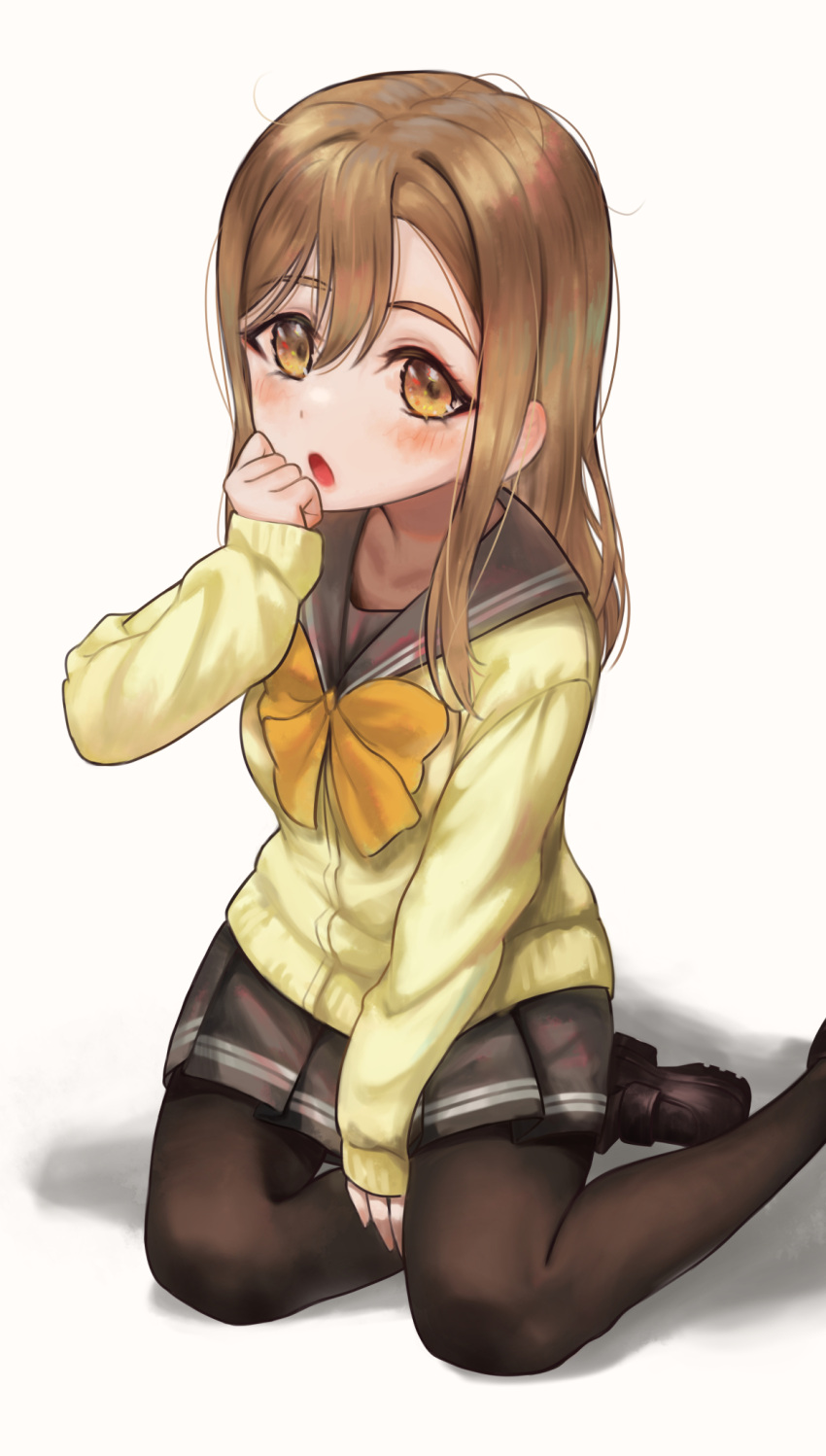 1girl bangs black_legwear brown_hair cardigan commentary eyebrows_visible_through_hair highres kunikida_hanamaru long_hair long_sleeves looking_at_viewer love_live! love_live!_sunshine!! school_uniform sidelocks sitting solo torriet uranohoshi_school_uniform white_background yellow_cardigan yellow_eyes yokozuwari