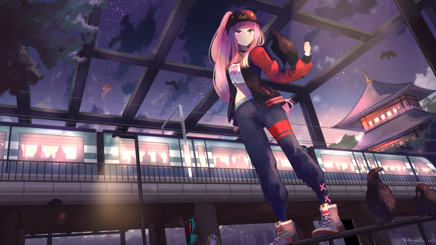 1girl absurdres animal bangs baseball_cap bird black_headwear blunt_bangs clouds commentary crop_top english_commentary ground_vehicle hat highres hololive hololive_english jacket long_hair long_sleeves looking_away midriff mori_calliope nail_polish navel night night_sky official_alternate_costume open_clothes open_jacket pants pink_hair ponytail raven_(animal) red_eyes red_nails serious sidelocks skull_and_crossbones sky solo standing takanashi_kiara_(phoenix) takuyarawr train train_station very_long_hair