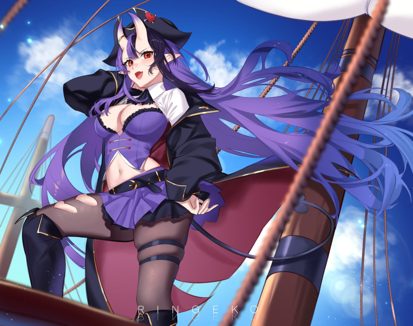 1girl artist_name ascot asymmetrical_footwear bangs blue_sky boots breasts captain_hannah clothing_cutout coat commentary day demon_tail english_commentary hat heart_cutout highres horns indie_virtual_youtuber knee_boots large_breasts long_hair midriff navel oni_horns open_clothes open_coat open_mouth pantyhose pirate pointy_ears purple_hair red_eyes ringeko-chan sky solo tail thigh-highs thigh_boots thigh_strap tricorne uneven_footwear virtual_youtuber wing_collar