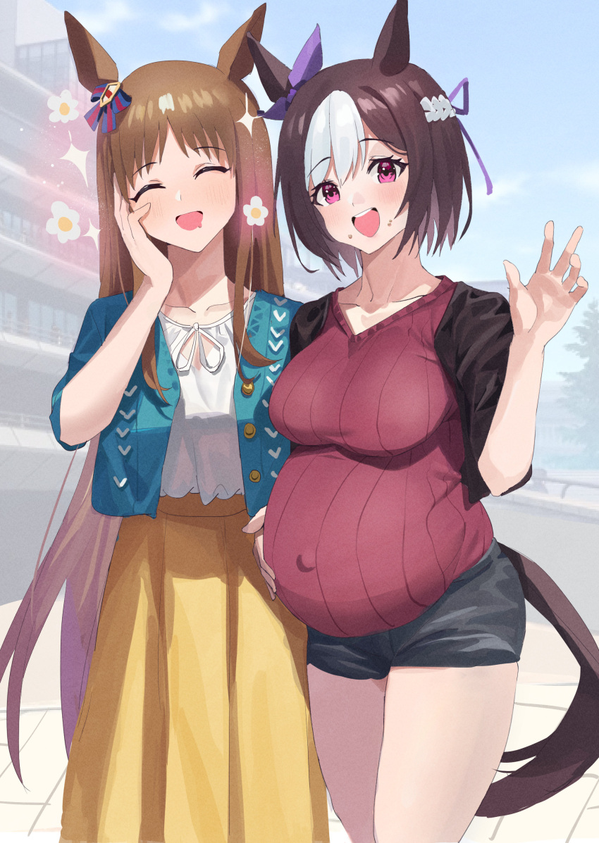 2girls :d absurdres animal_ears bangs black_jacket blue_jacket braid breasts brown_hair commentary_request cowboy_shot ear_ribbon eyebrows_visible_through_hair eyes_visible_through_hair facing_viewer flower food food_on_face full_stomach grass_wonder_(umamusume) hair_flower hair_ornament hand_on_own_cheek hand_on_own_face highres hirasawagitai horse_ears horse_tail jacket large_breasts long_hair looking_at_viewer multicolored_hair multiple_girls open_clothes open_jacket open_mouth pleated_skirt purple_hair purple_ribbon red_sweater ribbon shirt short_hair short_shorts shorts skirt smile sparkle special_week_(umamusume) standing streaked_hair sweater tail umamusume very_long_hair white_flower white_hair white_shirt yellow_skirt