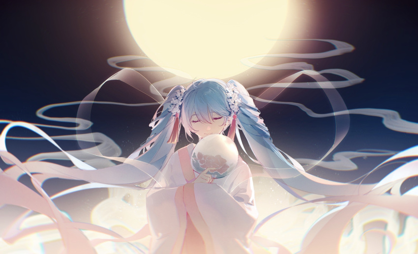 1girl ame_(10286367) backlighting blue_hair blue_nails chinese_clothes chuushuu_meigetsu_miku closed_eyes facing_viewer floral_print flower full_moon hagoromo hair_flower hair_ornament hair_tassel hand_fan hatsune_miku highres holding holding_fan light_smile long_hair moon night night_sky outdoors paper_fan red_skirt shawl skirt sky solo standing tassel twintails uchiwa upper_body very_long_hair vocaloid white_flower white_robe wide_sleeves