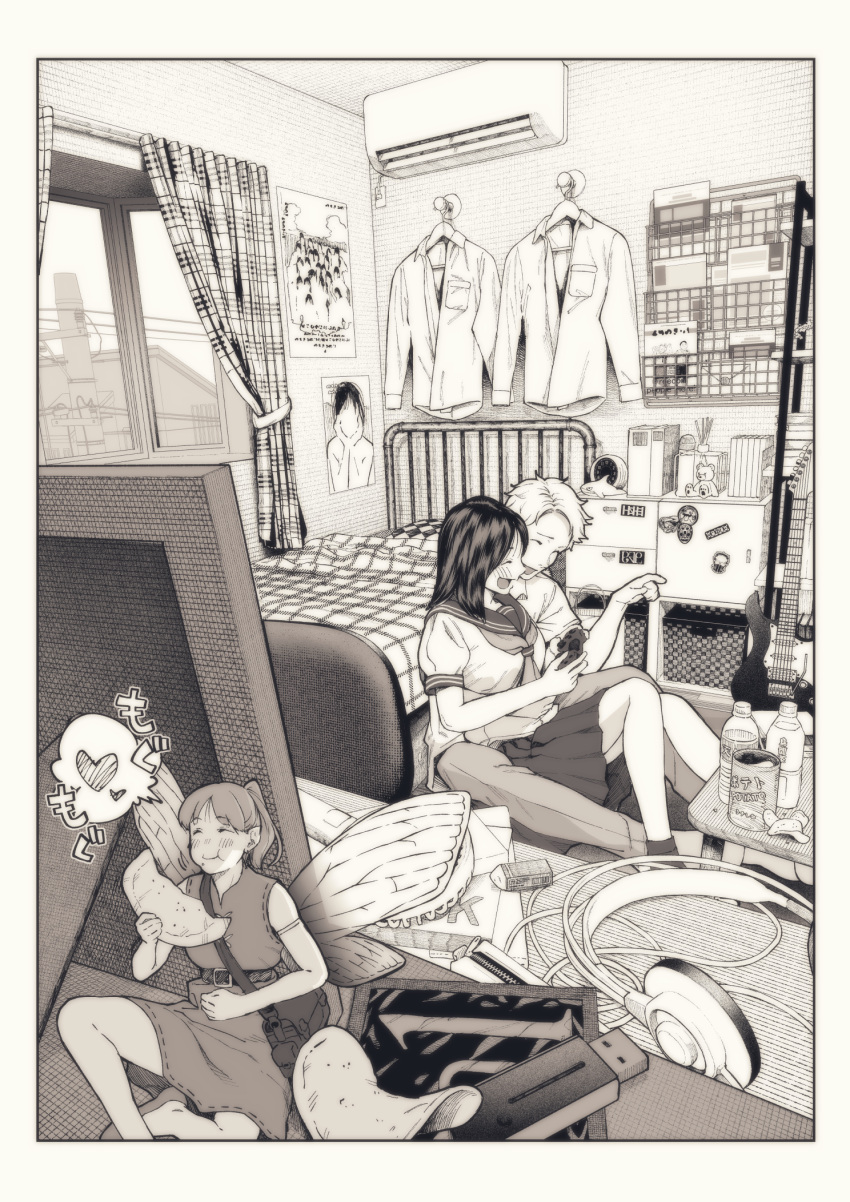 1boy 2girls bed chips closed_eyes controller couple eating fairy fairy_wings food game_controller greyscale heart hiding highres jorori minigirl monochrome multiple_girls original poster_(object) potato_chips room sitting sitting_on_lap sitting_on_person smile spoken_heart wings