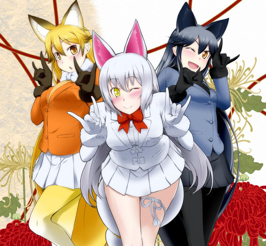 3girls ;) ;d animal_ears bangs bare_legs black_gloves black_hair black_legwear black_skirt blonde_hair blue_jacket blush bow bowtie breast_pocket brown_gloves brown_hair buttons closed_mouth commentary_request extra_ears eyebrows_visible_through_hair ezo_red_fox_(kemono_friends) feet_out_of_frame floral_background flower fox_ears fox_girl fox_shadow_puppet fox_tail fur-trimmed_sleeves fur_trim gloves gradient gradient_legwear grey_hair hair_between_eyes highres jacket kemono_friends leaning_forward long_hair long_sleeves looking_at_viewer miniskirt multicolored_hair multiple_girls mun oinari-sama_(kemono_friends) one_eye_closed open_mouth orange_eyes orange_jacket pantyhose parted_lips pleated_skirt pocket sidelocks silver_fox_(kemono_friends) skirt smile standing tail thigh_strap two-tone_hair very_long_hair white_gloves white_jacket white_skirt yellow_eyes
