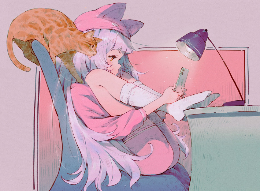 1girl alternate_costume andychen bangs cat cellphone curled_up desk from_side highres holding holding_phone hololive iphone_x lamp long_hair murasaki_shion orange_eyes phone pink_headwear pink_shorts pink_sweater shorts silver_hair smartphone socks solo sweater very_long_hair virtual_youtuber