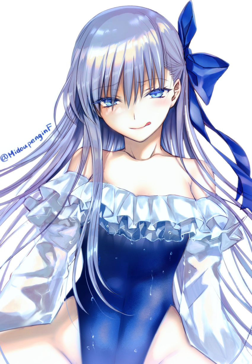 1girl blue_eyes blue_ribbon blue_swimsuit breasts fate/grand_order fate_(series) frilled_swimsuit frills hair_ribbon highleg highleg_swimsuit highres licking_lips long_hair meltryllis_(fate) meltryllis_(swimsuit_lancer)_(fate) mintes off-shoulder_one-piece_swimsuit off_shoulder one-piece_swimsuit purple_hair ribbon sleeves_past_fingers sleeves_past_wrists small_breasts smile solo swimsuit tongue tongue_out upper_body very_long_hair