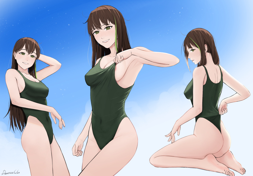 1girl artist_name back bare_legs barefoot blue_sky blush breasts brown_hair collarbone competition_swimsuit covered_navel darkpulsegg eyebrows_visible_through_hair feet_out_of_frame girls_frontline green_eyes green_swimsuit highleg highres long_hair looking_at_viewer looking_to_the_side m4a1_(girls'_frontline) medium_breasts multicolored_hair one-piece_swimsuit sitting sky smile soles solo standing swimsuit thighs