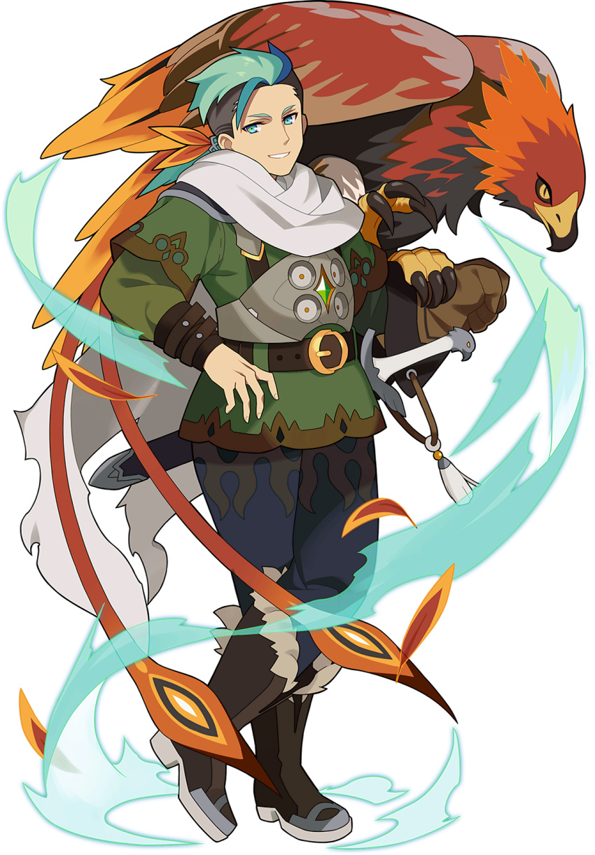 1boy animal animal_on_arm aqua_hair armor artist_request aura belt bird blue_eyes blue_hair blue_pants boots brown_gloves brown_hair brown_sclera claws clenched_hand closed_mouth colored_sclera crossed_legs crystal emerald_(gemstone) falcon forehead full_body fur-trimmed_footwear gloves green_shirt grin hair_ribbon hand_up happy heel_up highres kaiser_(world_flipper) knee_boots layered_sleeves lemarque_(world_flipper) long_sleeves looking_at_viewer male_focus multicolored_hair non-web_source official_art orange_ribbon oversized_animal pants ponytail ribbon scarf sheath sheathed shirt short_hair short_over_long_sleeves short_sleeves shoulder_armor single_glove slit_pupils smile standing streaked_hair sword teeth tied_hair torn_scarf transparent_background weapon white_scarf world_flipper yellow_eyes