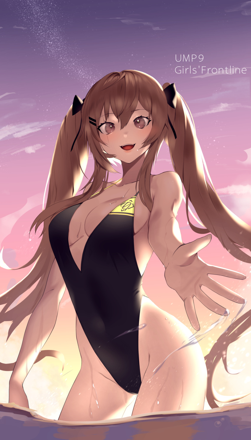 1girl black_swimsuit breasts brown_eyes brown_hair casual_one-piece_swimsuit character_name commentary_request cowboy_shot girls_frontline gradient_sky highleg highleg_swimsuit highres long_hair looking_at_viewer medium_breasts one-piece_swimsuit outdoors saturndxy scar scar_across_eye sky soaking_feet solo sunset swimsuit twintails ump9_(girls'_frontline) water