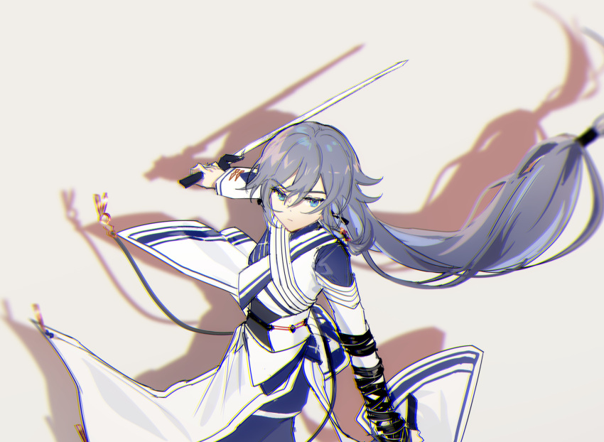 1girl bangs beige_background black_hair blue_eyes chinese_clothes closed_mouth fu_hua hair_between_eyes highres holding holding_sword holding_weapon honkai_(series) honkai_impact_3rd long_hair long_sleeves looking_at_viewer ponytail qqqne shadow simple_background solo sword weapon
