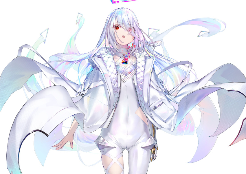 1other :o absurdres androgynous ass_visible_through_thighs bangs bodysuit cloak clothing_cutout collarbone floating_hair highres hololive hololive_english long_hair looking_at_viewer mechanical_arms multicolored_hair nonca omega_alpha open_hand open_mouth rainbow_hair silver_hair single_mechanical_arm solo thigh_cutout virtual_youtuber white_bodysuit white_cloak