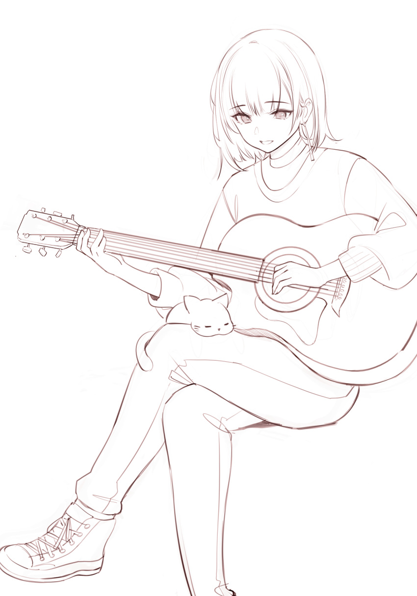 1girl acoustic_guitar cat crossed_legs earrings guitar highres holding holding_instrument instrument invisible_chair jewelry medium_hair monochrome nekojira original pants parted_lips shoes simple_background sitting smile solo spot_color sweater white_background